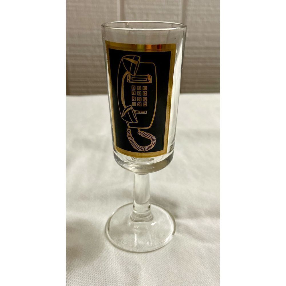 UNIQUE VINTAGE GALAXY TELEPHONE BAR GLASS C1960 Black & Gold Telephone Graphic